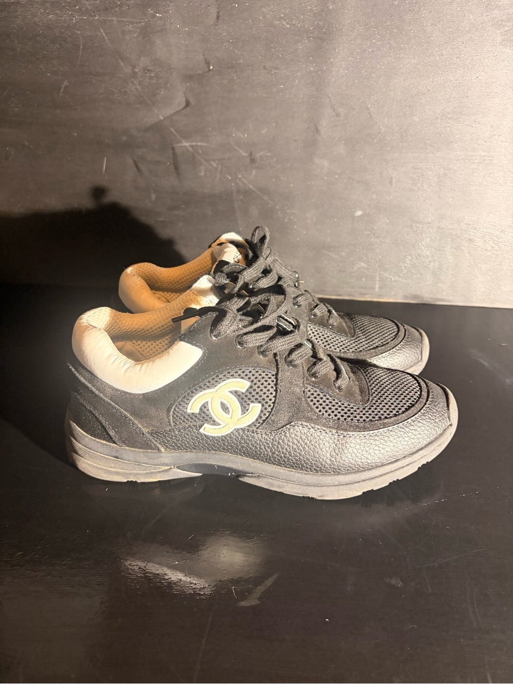 CHANEL Black & Beige Men’s Leather Mesh Sneakers with CC Emblem